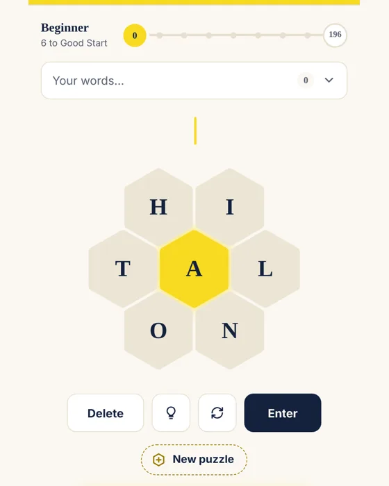 Spelling Bee hive with the yellow center letter highlighted